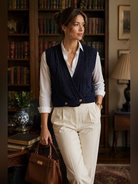 SK & Company Navy Cable Knit Sweater Vest Women’s L Lambswool Angora